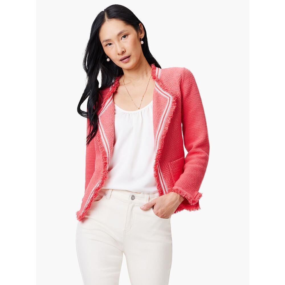 Nic+Zoe RIBBON TRIM FRINGE MIX KNIT JACKET Size M in Coral